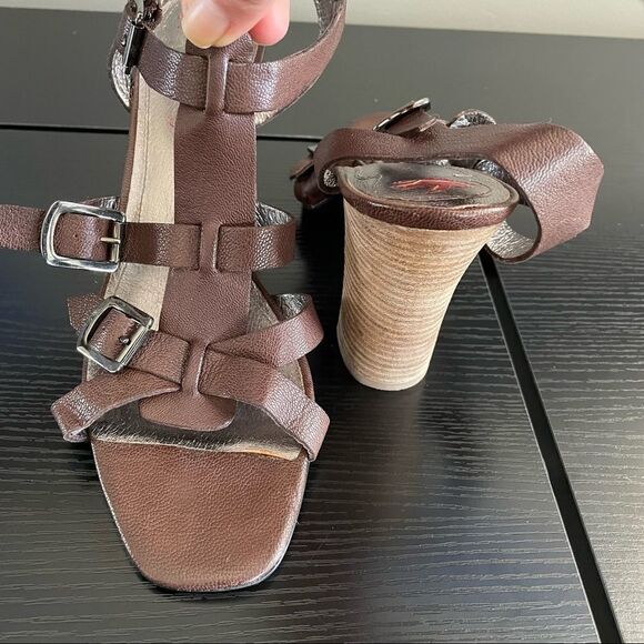 Sean Ling Brown Leather 3 Buckle Strap Wooden Block Heel Sandal, 10 - Picture 10 of 16